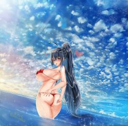 Rule 34 | 1girl, absurdres, ahoge, ass, azur lane, beach, bikini, black hair, blush, breasts, cameltoe, cloud, covered erect nipples, hand on ass, heart, highres, huge breasts, long hair, looking at viewer, ocean, open mouth, outdoors, paundo2, ponytail, red bikini, red eyes, sideboob, sky, solo, sunlight, swimsuit, taihou (azur lane), thighs, very long hair, water, wet