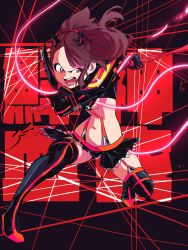 Rule 34 | 1girl, aetherion, black footwear, boots, breasts, brown hair, commentary, company connection, cosplay, crossover, dual wielding, english commentary, fighting stance, full body, garter straps, hairpods, highres, holding, incoming attack, kagari atsuko, kill la kill, life fiber, little witch academia, matoi ryuuko, matoi ryuuko (cosplay), microskirt, midriff, navel, open mouth, pointy footwear, red eyes, revealing clothes, scissor blade (kill la kill), senketsu, serious, shoes, skirt, small breasts, solo, suspenders, thigh boots, thighhighs, underboob