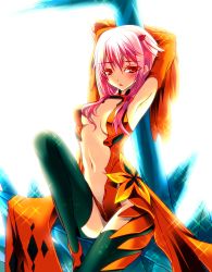 Rule 34 | 10s, 1girl, armpits, arms up, ayakichi, blush, breasts, center opening, detached sleeves, guilty crown, leotard, long hair, medium breasts, navel, pink hair, red eyes, sitting, solo, thighhighs, twintails, yuzuriha inori