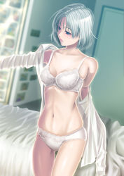 Rule 34 | 1girl, blue eyes, blurry, blurry background, bra, breasts, depth of field, dress shirt, dressing, front mission, front mission 5, gluteal fold, grey hair, highres, lace, lace-trimmed bra, lace-trimmed panties, lace trim, looking to the side, lynn wenright, medium breasts, navel, off shoulder, panties, shirt, short hair, solo, thigh gap, underwear, underwear only, wanana, white bra, white panties, white shirt