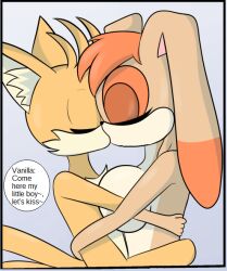 Rule 34 | 1boy, 1girl, age difference, animated, animated gif, breasts, closed eyes, comic, dominate female, fox boy, furry, furry female, furry male, hug, kiss, large breasts, leg lock, luckster1234, mature female, rabbit ears, rabbit girl, sonic (series), speech bubble, tail, tails (sonic), third-party edit, vanilla the rabbit