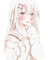 Rule 34 | 1girl, albino, blush, finger to mouth, hiro (hirohiro31), long hair, looking at viewer, off shoulder, original, red eyes, simple background, solo, sweater, white hair