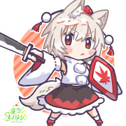 1girl :&lt; animal_ear_fluff animal_ears armpits black_skirt blush_stickers closed_mouth detached_sleeves full_body geta hat highres holding holding_shield holding_sword holding_weapon inubashiri_momiji looking_at_viewer red_eyes red_footwear shield shirt short_hair skirt socks solo suguharu86 sword tail tengu-geta tokin_hat touhou weapon white_background white_hair white_shirt white_sleeves white_socks wolf_ears wolf_girl wolf_tail