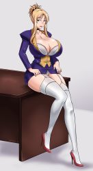 Rule 34 | 00s, 1girl, blonde hair, blue eyes, breasts, choker, cleavage, desk, devil-v, discipline: the record of a crusade, dress, female focus, full body, garter straps, hair bun, high heels, highres, huge breasts, impossible clothes, lips, lipstick, long hair, looking at viewer, makeup, microdress, microskirt, minidress, miniskirt, mole, mole under mouth, morimoto reina, nail polish, original, panties, pantyshot, pencil skirt, sexually suggestive, single hair bun, sitting, skirt, solo, thighhighs, underwear, white panties, white thighhighs