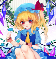 Rule 34 | 1girl, alternate color, ascot, bad id, bad pixiv id, bird, blonde hair, daimaou ruaeru, flandre scarlet, flower, frilled skirt, frills, hat, hat ribbon, head tilt, highres, lips, looking at viewer, mob cap, nail polish, red eyes, red ribbon, ribbon, short sleeves, side ponytail, sitting, skirt, solo, sweatdrop, touhou, wings, wreath, wrist cuffs