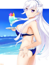 Rule 34 | 1girl, azur lane, bare arms, bare shoulders, belfast (azur lane), bikini, blue bikini, blue sky, blush, braid, breasts, caruta, closed mouth, commentary request, day, fingernails, frilled bikini, frills, hair between eyes, holding, holding tray, horizon, large breasts, long hair, looking at viewer, looking back, maid headdress, ocean, outdoors, purple eyes, silver hair, sky, smile, solo, swimsuit, tray, twitter username, very long hair, water