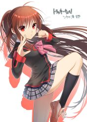 Rule 34 | 1girl, absurdres, ahoge, black jacket, black socks, bow, brown footwear, brown hair, clenched hand, commentary request, commission, cowboy shot, eyelashes, eyes visible through hair, fighting stance, floating hair, from side, grey skirt, hair between eyes, hands up, highres, jacket, lips, little busters!, long hair, long sleeves, looking at viewer, miniskirt, natsume rin, parted lips, pink bow, plaid, plaid skirt, pleated skirt, ponytail, red eyes, school uniform, serious, shoes, sidelocks, signature, simple background, skeb commission, skirt, sneakers, socks, solo, standing, standing on one leg, straight hair, thighs, tsuki no minato, v-shaped eyebrows, very long hair, white background