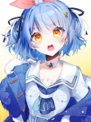 Rule 34 | 1girl, absurdres, animal ears, black ribbon, blue hair, blue jacket, blue neckerchief, blush, breast pocket, buttons, carrot hair ornament, choker, collarbone, dress, earrings, eyelashes, food-themed hair ornament, fur-trimmed jacket, fur trim, hair between eyes, hair ornament, hair ribbon, head tilt, highres, hololive, jacket, jewelry, long sleeves, looking at viewer, multicolored hair, neckerchief, off shoulder, open clothes, open jacket, open mouth, orange eyes, pocket, polka dot, polka dot background, rabbit earrings, rabbit ears, ribbon, sailor collar, sailor dress, short eyebrows, short hair, sidelocks, signature, single earring, solo, streaked hair, tearing up, teeth, thick eyebrows, two side up, upper body, upper teeth only, usada pekora, usada pekora (casual), v-shaped eyebrows, virtual youtuber, white choker, white dress, white hair, white sailor collar, xoco, yellow background