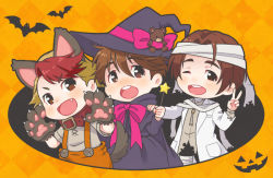Rule 34 | &gt;:d, 3boys, :d, ;d, animal ears, animal hands, bandages, bat (animal), blonde hair, bow, brown eyes, brown hair, collar, fang, freckles, gloves, halloween, hat, hat bow, ji guang-hong, leo de la iglesia, male focus, minami kenjirou, multicolored hair, multiple boys, one eye closed, open mouth, paw gloves, red hair, ruei (chicking), smile, stuffed animal, stuffed toy, suspenders, tail, teddy bear, two-tone hair, v, v-shaped eyebrows, wand, witch hat, wolf ears, wolf paws, wolf tail, yuri!!! on ice