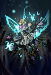 Rule 34 | 1boy, blonde hair, branch, bug, butterfly, dress, e.g.o (project moon), fairy wings, flower, forest, hand up, highres, holding, holding branch, insect, limbus company, long sleeves, looking at viewer, male focus, nature, parted lips, project moon, shiqicheng, sinclair (project moon), smile, solo, staff, white dress, wings, yellow eyes