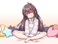 Rule 34 | 1girl, barefoot, bed sheet, black hair, blush, commentary request, drawstring, fang, flat chest, fuu (koneko no yomeiri), grin, hair between eyes, heart, heart-shaped pillow, highres, idolmaster, idolmaster cinderella girls, legs, long hair, long sleeves, looking at viewer, matoba risa, on bed, pajamas, pillow, shorts, sidelocks, simple background, sitting, smile, solo, star-shaped pillow, striped clothes, striped pajamas, stuffed animal, stuffed cat, stuffed toy, yellow eyes