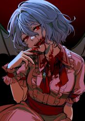 Rule 34 | 1girl, bat wings, blood, blood on face, blue hair, gradient background, highres, noriuma, open mouth, puffy short sleeves, puffy sleeves, red eyes, remilia scarlet, short hair, short sleeves, smile, solo, tongue, tongue out, touhou, wings
