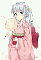 Rule 34 | 1girl, bad id, bad pixiv id, blue eyes, bow, commentary request, cotton candy, derivative work, eromanga sensei, fingernails, flower, food, grey background, hair bow, hair flower, hair ornament, highres, holding, holding food, izumi sagiri, japanese clothes, kimono, liang feng qui ye, long hair, long sleeves, obi, pink bow, pink kimono, red bow, sash, side ponytail, sidelocks, silver hair, solo, star (symbol), wide sleeves, yellow flower