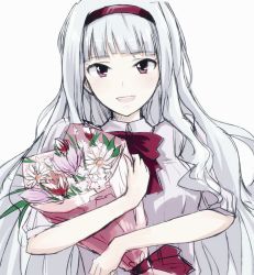 Rule 34 | 1girl, :d, birthday, blunt bangs, bouquet, bow, flower, hairband, highres, idolmaster, idolmaster (classic), long hair, minato (shouno), open mouth, purple eyes, shijou takane, silver hair, smile, solo, very long hair, white background