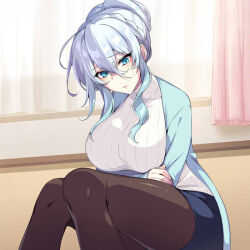 Rule 34 | 1girl, arms under breasts, black pantyhose, blue eyes, blue hair, breasts, closed mouth, commentary request, curtains, gradient hair, indoors, large breasts, long sleeves, multicolored hair, original, pantyhose, puuzaki puuna, sidelocks, sitting, solo, thighs, yukino (zeroshiki kouichi)