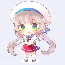 Rule 34 | 1girl, :d, beret, blue background, blue sailor collar, blush, brown hair, chibi, commentary request, floral background, full body, gloves, green eyes, grey footwear, hat, kantai collection, kou hiyoyo, long hair, low twintails, mikura (kancolle), one-hour drawing challenge, open mouth, pleated skirt, puffy short sleeves, puffy sleeves, red skirt, sailor collar, school uniform, serafuku, shirt, short sleeves, skirt, smile, socks, solo, standing, twintails, twitter username, very long hair, white gloves, white hat, white shirt, white socks