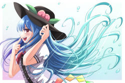 Rule 34 | 1girl, :d, blue hair, blush, finger to own nose, floating hair, food, fruit, happy ginko, hat, highres, hinanawi tenshi, leaf, long hair, looking at viewer, open mouth, peach, profile, puffy short sleeves, puffy sleeves, red eyes, short sleeves, sideways glance, simple background, smile, solo, touhou, upper body, very long hair, white background