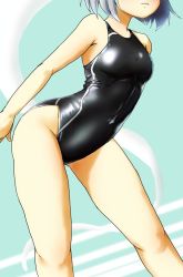 Rule 34 | 1girl, black one-piece swimsuit, blush, bob cut, breasts, closed mouth, commentary request, competition swimsuit, covered navel, d-m (dii emu), head out of frame, konpaku youmu, konpaku youmu (ghost), leaning forward, one-piece swimsuit, short hair, silver hair, small breasts, swimsuit, touhou