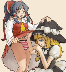 Rule 34 | 2girls, absurdres, ax4, bad anatomy, blonde hair, blue eyes, bow, braid, brown hair, clothes lift, detached sleeves, dress, dress lift, female focus, hakurei reimu, hat, highres, japanese clothes, kirisame marisa, long hair, miko, multiple girls, panties, poorly drawn, red eyes, short hair, striped clothes, striped panties, touhou, underwear, witch, witch hat