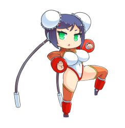 Rule 34 | 1girl, arcana heart, black footwear, blue hair, breasts, bun cover, chibi, clenched hand, fighting stance, full body, green eyes, large breasts, leotard, looking at viewer, mei-fang, navel, open mouth, pecka, short hair, shrug (clothing), simple background, solo, standing, standing on one leg, white background