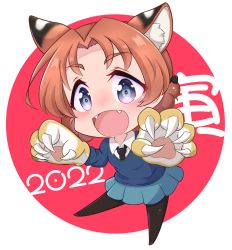 Rule 34 | 1girl, 2022, :d, animal ears, animal hands, black necktie, black pantyhose, blue eyes, blue skirt, blue sweater, braid, chibi, chinese zodiac, commentary, dress shirt, english commentary, fangs, girls und panzer, gloves, highres, hiroyasu (torafuzame), kemonomimi mode, long sleeves, looking at viewer, miniskirt, mixed-language commentary, necktie, new year, open mouth, orange hair, orange pekoe (girls und panzer), pantyhose, parted bangs, paw gloves, pleated skirt, school uniform, shirt, short hair, skirt, smile, solo, st. gloriana&#039;s school uniform, standing, sweater, tiger ears, translated, twin braids, v-neck, white shirt, wing collar, year of the tiger