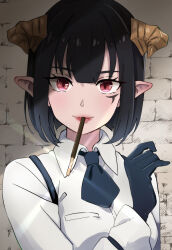 Rule 34 | 1girl, black gloves, black hair, black necktie, bob cut, brick wall, demon girl, demon horns, facial mark, food, food in mouth, glint, gloves, hair between eyes, hime-sama &quot;goumon&quot; no jikan desu, horns, lipstick, long sleeves, looking to the side, makeup, necktie, paramisan, pocky, pocky day, pocky in mouth, pointy ears, red eyes, shirt, short hair, slit pupils, solo, torture tortura, upper body, white shirt