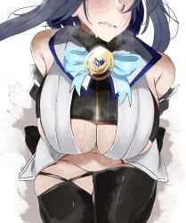 Rule 34 | 1girl, bare shoulders, black hair, blue bow, blue bowtie, blue hair, blush, bow, bowtie, breasts, cleavage cutout, clenched teeth, clothing cutout, detached sleeves, highres, hololive, hololive english, large breasts, long hair, navel, ouro kronii, ribbon, sharp teeth, simple background, solo, steam, stomach, sweat, sweatdrop, teeth, thick thighs, thighhighs, thighs, virtual youtuber, weeze, white background