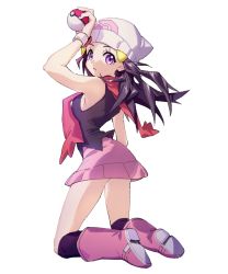 Rule 34 | 1girl, ankea (a-ramo-do), arm up, bare shoulders, beanie, black hair, black shirt, black socks, boots, breasts, creatures (company), dawn (pokemon), female focus, from behind, full body, game freak, hair ornament, hairclip, hat, highres, holding, holding poke ball, knee boots, kneehighs, kneeling, long hair, miniskirt, nintendo, parted lips, pink footwear, pink skirt, poke ball, poke ball (basic), poke ball symbol, poke ball theme, pokemon, pokemon dppt, red scarf, scarf, shirt, simple background, skirt, sleeveless, sleeveless shirt, small breasts, socks, solo, watch, white background, white hat, wristwatch