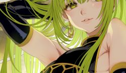 Rule 34 | 1other, armpits, blush, detached sleeves, earrings, enkidu (fate), fate/strange fake, fate (series), green eyes, green hair, hand in own hair, head out of frame, ikezaki misa, jewelry, lips, long hair, looking at viewer, smile, solo, white background
