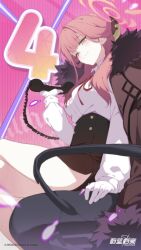 Rule 34 | 1girl, aru (blue archive), blue archive, brown eyes, coat, countdown, gloves, highres, horns, official art, pink hair, sitting, smile, solo, telephone, white gloves, you guo chaocai