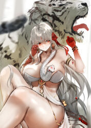 Rule 34 | 1girl, armlet, bare shoulders, belly chain, blush, body markings, bracelet, breasts, cleavage, collarbone, colored skin, durga (fate), earrings, facial mark, fate/grand order, fate (series), forehead mark, gradient skin, grey hair, hair ribbon, highres, jewelry, jikihatiman, large breasts, long hair, looking to the side, pelvic curtain, red eyes, red skin, revealing clothes, ribbon, sash, sitting, snake, thighs, tiger, very long hair, white tiger