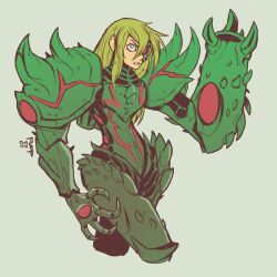 Rule 34 | 1girl, 2023, armor, blonde hair, blue eyes, claws, commentary, dand axolotl, english commentary, frown, grey background, hair over one eye, highres, long hair, metroid, metroid dread, metroid suit, nintendo, samus aran, shoulder armor, shoulder spikes, signature, simple background, solo, spikes