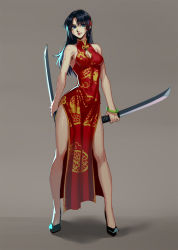 Rule 34 | 1girl, bare shoulders, black hair, blue eyes, blue hair, china dress, chinese clothes, cleavage cutout, clothing cutout, contrapposto, dao (weapon), dress, dual wielding, hair ornament, high heels, highres, holding, l.k, legs, lipstick, long hair, makeup, matching hair/eyes, mole, mole under eye, no socks, pelvic curtain, side slit, solo, standing, sword, weapon
