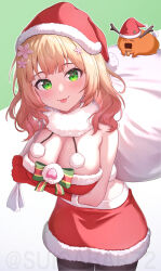 Rule 34 | 1girl, :3, :p, bare shoulders, bell, blonde hair, blunt bangs, blush, bob cut, box, breasts, christmas, cleavage, commentary request, cowboy shot, dress, flower, fur-trimmed dress, fur-trimmed headwear, fur trim, gift, gift box, gloves, green eyes, hair flower, hair ornament, hat, highres, holding, hololive, large breasts, long hair, looking at viewer, medium hair, momosuzu nene, neck bell, pantyhose, red gloves, red hat, sack, santa costume, santa hat, smile, solo, suicabar72, tongue, tongue out, virtual youtuber