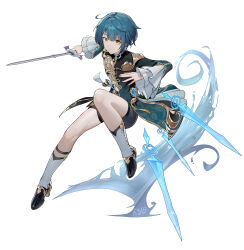 Rule 34 | absurdres, black footwear, black shorts, blue hair, coat, fighting stance, genshin impact, highres, holding, holding sword, holding weapon, puffy sleeves, ryb, short hair, shorts, simple background, sword, vision (genshin impact), weapon, white background, xingqiu (genshin impact), yellow eyes