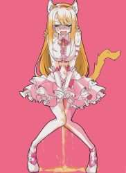 Rule 34 | 1girl, animal ear fluff, animal ears, bare shoulders, between legs, blonde hair, blush, bow, bowtie, braid, breasts, cat ears, cat girl, cat tail, center frills, closed eyes, collared shirt, commission, crop top, elbow gloves, embarrassed, female focus, frilled shirt, frilled skirt, frills, full body, gloves, hairband, hand between legs, have to pee, highres, idol, knees together feet apart, large breasts, layered skirt, long hair, midriff, miniskirt, navel, neck bell, nose blush, nuruko (nuru55555), open mouth, original, own hands together, pantyhose, pee, peeing, peeing self, pink background, pink bow, pink bowtie, pink hairband, pink skirt, puddle, raised eyebrows, shirt, shoes, sidelocks, simple background, skeb commission, skirt, sleeveless, sleeveless shirt, solo, standing, straight-on, sweat, swept bangs, tail, u u, v arms, wet, wet clothes, wet pantyhose, white footwear, white gloves, white pantyhose, white shirt