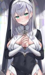 Rule 34 | 1girl, absurdres, ai (u e o o), black dress, black veil, blush, breasts, closed mouth, commentary request, covered navel, dress, earrings, green eyes, grey hair, habit, hair between eyes, highres, hololive, jewelry, large breasts, long hair, long sleeves, looking at viewer, nun, official alternate costume, own hands together, puffy sleeves, shirogane noel, shirogane noel (nun), skindentation, smile, solo, veil, virtual youtuber