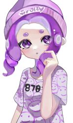 Rule 34 | 1girl, absurdres, beanie, blush, commentary, drill hair, hat, highres, medium hair, negi kobito, nintendo, octoling, octoling girl, octoling player character, open mouth, parted lips, print headwear, print shirt, purple eyes, purple hair, purple hat, purple shirt, shirt, simple background, solo, splatoon (series), splatoon 3, tentacle hair, thick eyebrows, twin drills, upper body, white background