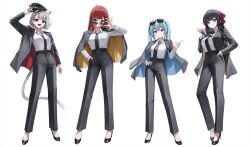 4girls absurdres adjusting_eyewear akane_lize animal_ears arahashi_tabi arm_up black_footwear black_hair black_hat black_jacket black_necktie black_pants black_suit blue_eyes blue_hair bow brown_eyes cat_ears cat_girl cat_tail closed_mouth collared_shirt eyewear_on_head fang formal full_body g_home grey_eyes grey_hair hair_bow hair_ornament hand_on_own_hip hand_up hat high_heels highres jacket long_sleeves looking_at_viewer multiple_girls necktie neneko_mashiro open_clothes open_jacket open_mouth pants red_bow red_hair shirayuki_hina shirt shirt_tucked_in short_hair simple_background smile standing stellive suit sunglasses tail two_side_up virtual_youtuber white_background white_shirt