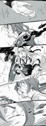 Rule 34 | 2girls, blood, blood on face, comic, crying, crying with eyes open, flight deck, gloves, greyscale, headband, highres, injury, japanese clothes, kantai collection, kimono, long hair, looking at viewer, monochrome, multiple girls, muneate, partially fingerless gloves, partly fingerless gloves, reaching, reaching towards viewer, shoukaku (kancolle), smile, smoke, straight hair, tears, teeth, twintails, weidashming, yugake, zuikaku (kancolle)