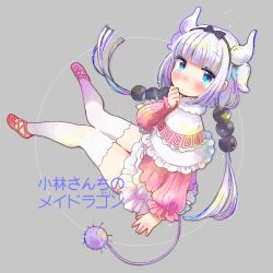Rule 34 | 10s, 1girl, beads, black bow, black hairband, blue eyes, blunt bangs, blush, bow, capelet, dragon girl, dragon horns, dragon tail, dress, full body, grey background, hair beads, hair bow, hair ornament, hairband, highres, horns, kanna kamui, kinohe, knees together feet apart, kobayashi-san chi no maidragon, long hair, long sleeves, looking at viewer, monster girl, red footwear, shoes, short dress, silver hair, simple background, solo, tail, thick thighs, thighhighs, thighs, twintails, white thighhighs, zettai ryouiki