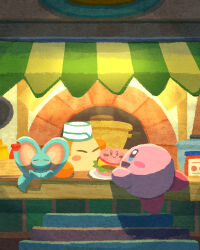 Rule 34 | blush, blush stickers, burger, cafe, closed eyes, cooking pot, elfilin, food, highres, jar, kirby, kirby (series), kirby and the forgotten land, kirby cafe, miclot, night, nintendo, no humans, open mouth, outdoors, oven, pink footwear, shoes, smile, waddle dee, white headwear