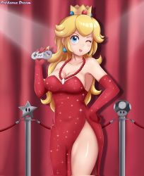 Rule 34 | 1girl, bare shoulders, blonde hair, blue eyes, blush, breasts, cleavage, collarbone, crown, dress, game console, gloves, hand on own hip, highres, jewelry, large breasts, long hair, looking at viewer, mario (series), mushroom, necklace, nintendo, one eye closed, patdarux, princess peach, red dress, red gloves, smile, sparkle, star (symbol), super star (mario), strapless, strapless dress, super famicom, super famicom gamepad, super mario all stars, super mushroom, wink