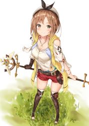 Rule 34 | 1girl, absurdres, atelier (series), atelier ryza, atelier ryza 1, belt, black bow, blue belt, blush, boots, bow, bow hairband, breasts, bridal legwear, brown belt, brown eyes, brown gloves, brown hair, cleavage, collarbone, flask, full body, gloves, grass, hair ornament, hairband, hairclip, hat, highres, holding, holding staff, jacket, jewelry, leather, leather belt, leather gloves, looking at viewer, na kyo, necklace, pouch, red shorts, reisalin stout, round-bottom flask, short hair, short shorts, shorts, single glove, sleeveless, sleeveless jacket, smile, solo, staff, standing, star (symbol), star necklace, thigh pouch, thighs, toeless footwear, vial, white headwear, yellow jacket