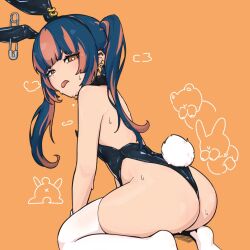 Rule 34 | 1girl, animal ears, ass, bare back, bare shoulders, black leotard, blue hair, commentary, detached sleeves, ear chain, ear piercing, from behind, highres, kneeling, leotard, looking at viewer, looking back, medium hair, multicolored hair, orange background, orange eyes, orange hair, original, piercing, playboy bunny, post (shake shakepost), rabbit ears, rabbit tail, safety pin, solo, spike piercing, strapless, strapless leotard, sweat, symbol-only commentary, tail, thighhighs, tongue, tongue out, twintails, two-tone hair, white thighhighs, wrist cuffs