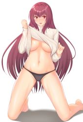 Rule 34 | 1girl, barefoot, black legwear, blush, breasts, brown hair, cleavage, fate/grand order, fate (series), highres, kneeling, large breasts, long hair, navel, parted lips, red eyes, ribbed sweater, scathach (fate), shukurimu, solo, sweater, underboob