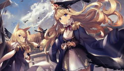 Rule 34 | 2girls, absurdres, alternate costume, azur lane, bird, blonde hair, blue eyes, blue jacket, blue sky, camera, cathedral, closed mouth, cloud, commentary request, crown, day, earrings, epaulettes, hair ears, hair ribbon, hairband, highres, holding, holding camera, iiiroha, jacket, jacket on shoulders, jewelry, looking at viewer, multiple girls, neck ribbon, neck ruff, outdoors, purple eyes, queen elizabeth (azur lane), red ribbon, ribbon, scarf, sky, warspite (azur lane)