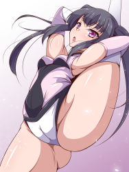 Rule 34 | 1girl, aimo (aimo1214), ass, black hair, breasts, cameltoe, cleft of venus, commentary request, elbow gloves, gloves, gradient background, highres, leotard, long hair, open mouth, purple background, purple eyes, purple gloves, purple leotard, senki zesshou symphogear, small breasts, solo, split, standing, standing on one leg, standing split, tsukuyomi shirabe, twintails