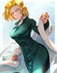 Rule 34 | 1girl, absurdres, android 18, artist name, bead necklace, beads, blonde hair, blue eyes, breasts, cloak, commentary, cosplay, covered erect nipples, dragon ball, dragonball z, dress, earrings, fubuki (one-punch man), fubuki (one-punch man) (cosplay), fur cloak, green dress, highres, hoop earrings, jewelry, large breasts, long dress, long sleeves, medium hair, necklace, one-punch man, sarulart, signature, solo, symbol-only commentary