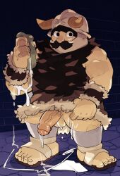 Rule 34 | 1boy, bara, beard, blank stare, brick wall, brown hair, clothes lift, cum, dungeon meshi, dwarf, ejaculation, facial hair, fake horns, foreskin, girthy penis, half-erect, helmet, highres, horned helmet, horns, large feet, lifting own clothes, long beard, looking at viewer, male focus, mustache, penis, senshi (dungeon meshi), skirt, skirt lift, slime (creature), snkkdlt, solo, standing, testicles, thick mustache, toned, toned male, uncensored, very long beard